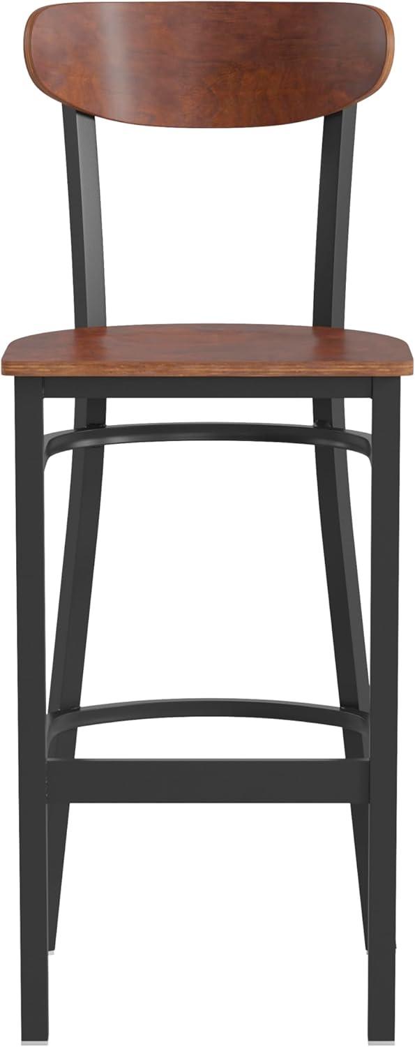 image:imageFlash Furniture Wright Set of 2 Commercial Barstools Walnut Wood Boomerang Back Black Vinyl Seat 500 LB Capacity Black Steel Frame Integrated FootrestWalnut