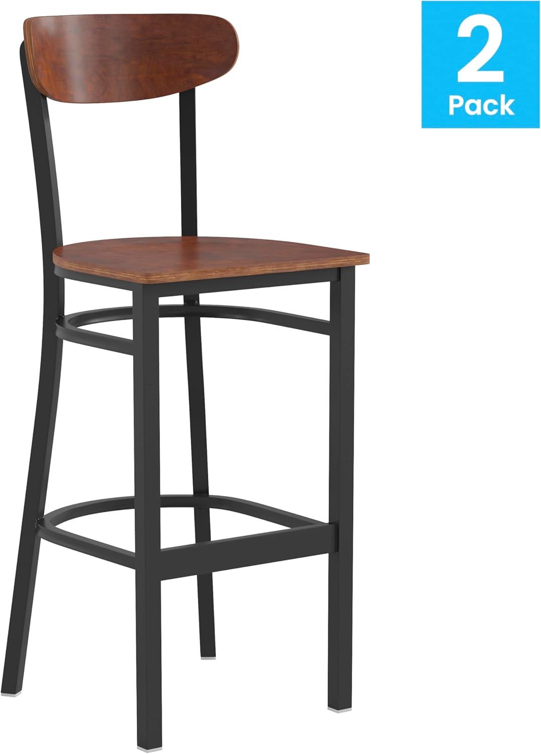 image:imageFlash Furniture Wright Set of 2 Commercial Barstools Walnut Wood Boomerang Back Black Vinyl Seat 500 LB Capacity Black Steel Frame Integrated FootrestWalnut
