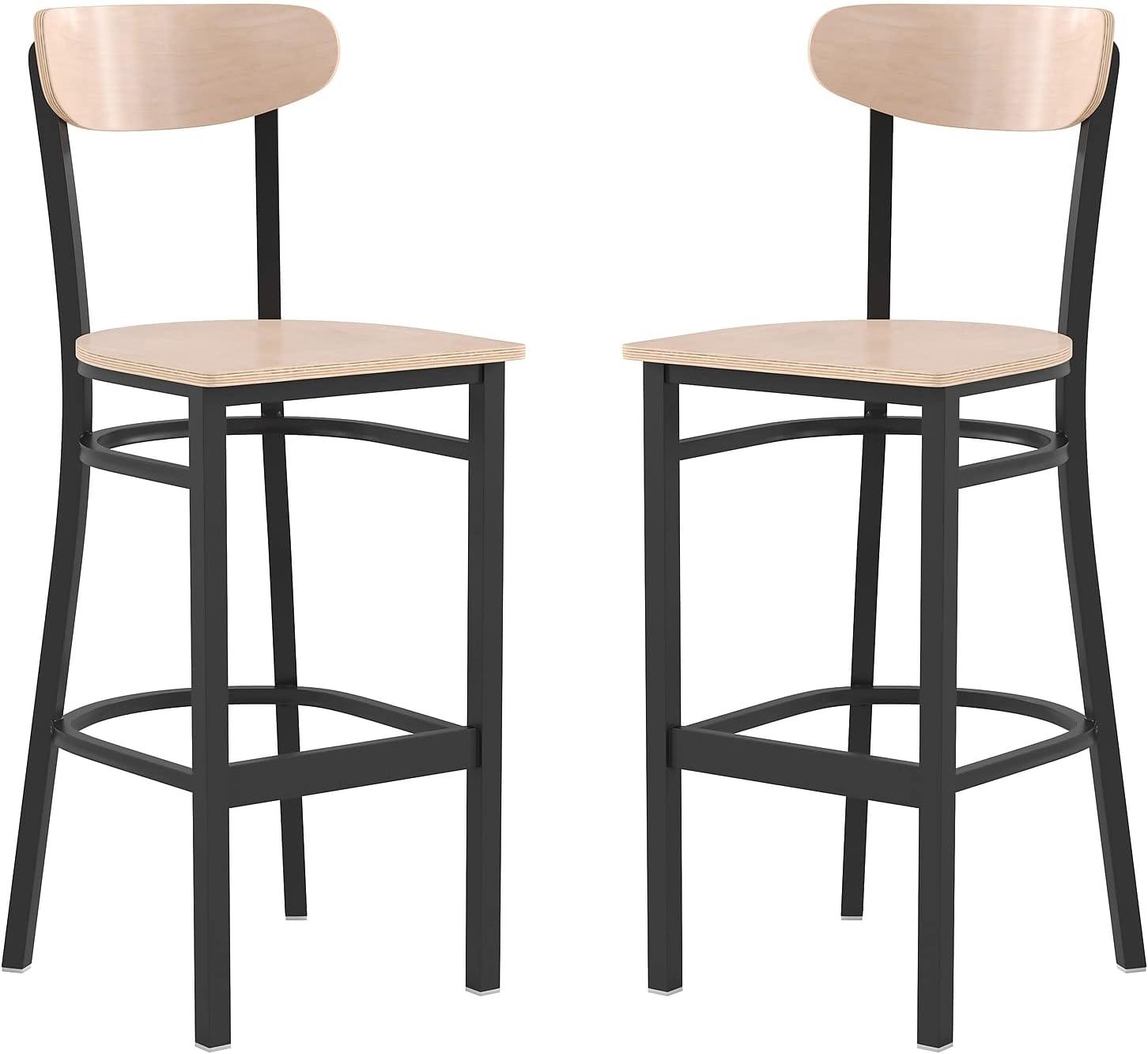 image:imageFlash Furniture Wright Set of 2 Commercial Barstools Walnut Wood Boomerang Back Black Vinyl Seat 500 LB Capacity Black Steel Frame Integrated FootrestNatural Birch
