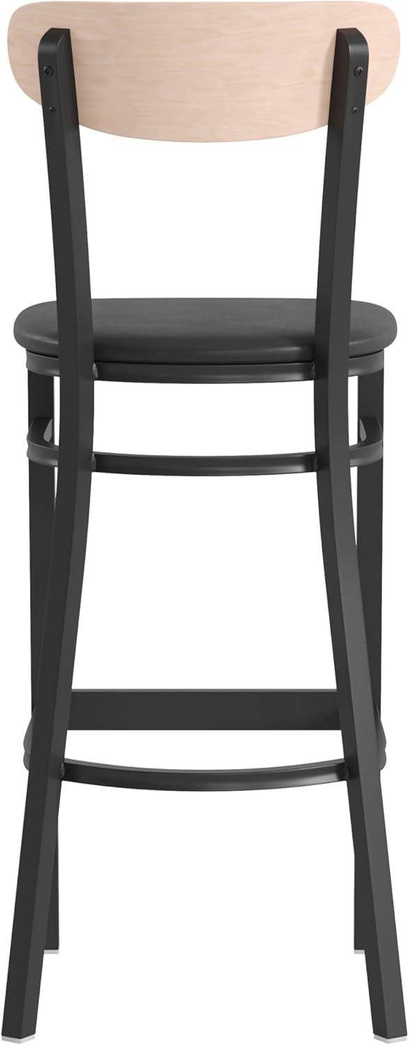 image:imageFlash Furniture Wright Set of 2 Commercial Barstools Walnut Wood Boomerang Back Black Vinyl Seat 500 LB Capacity Black Steel Frame Integrated FootrestNatural Birch Wood BackBlack Vinyl Seat