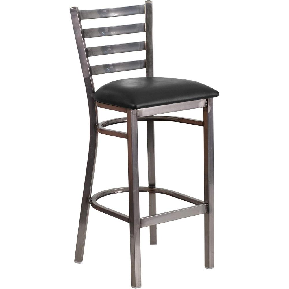 image:imageFlash Furniture 2 Pack HERCULES Series Silver Antique Finish with Clear Coat Ladder Back Metal Restaurant Barstool Walnut Wood SeatBlack Vinyl SeatClear Coated Metal Frame