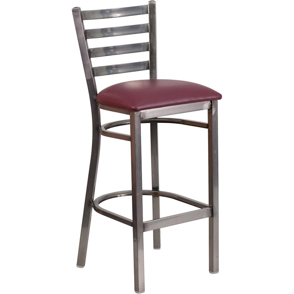 image:imageFlash Furniture 2 Pack HERCULES Series Silver Antique Finish with Clear Coat Ladder Back Metal Restaurant Barstool Walnut Wood SeatBurgundy Vinyl SeatClear Coated Metal Frame