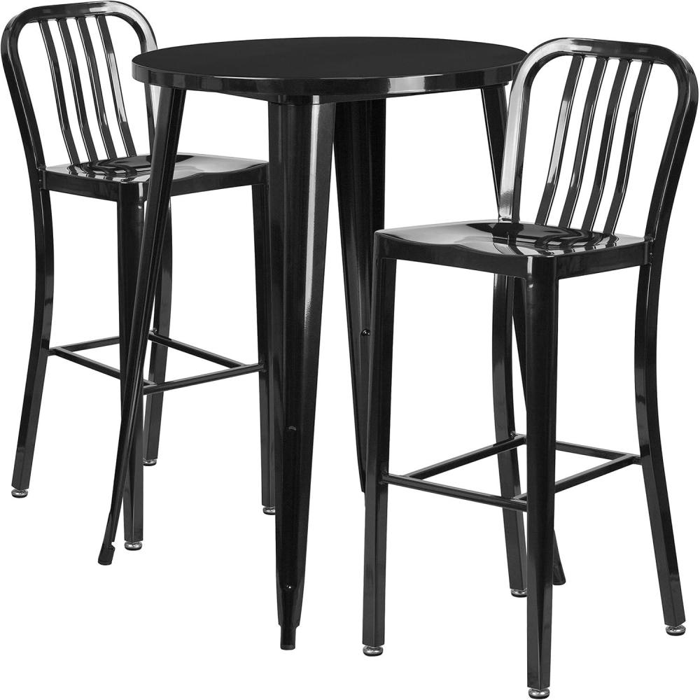 image:imageFlash Furniture Commercial Grade 30 Round Black Metal IndoorOutdoor Bar Table Set with 2 Vertical Slat Back StoolsBlack