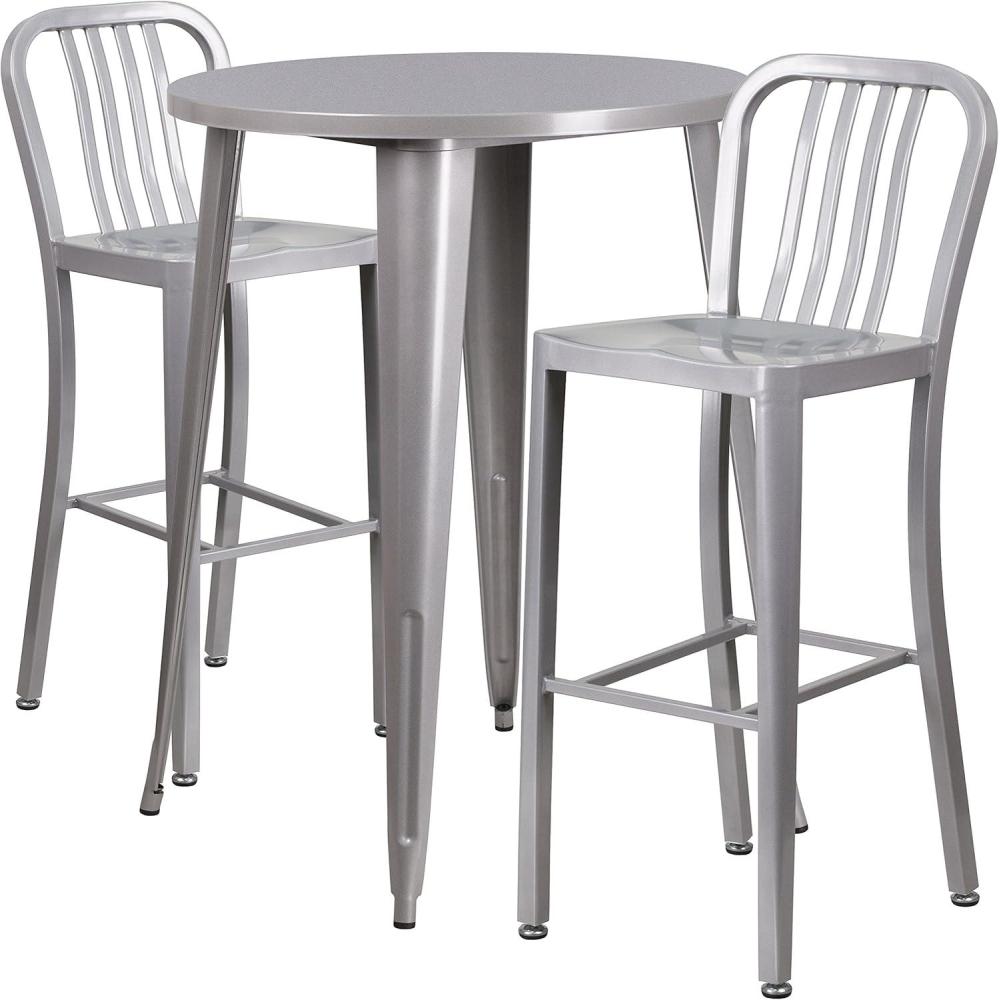 image:imageFlash Furniture Commercial Grade 30 Round Black Metal IndoorOutdoor Bar Table Set with 2 Vertical Slat Back StoolsSilver