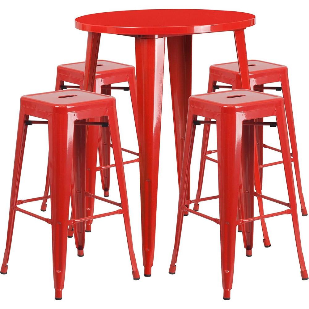 image:imageFlash Furniture Commercial Grade 30 Round Black Metal IndoorOutdoor Bar Table Set with 4 Square Seat Backless StoolsRed