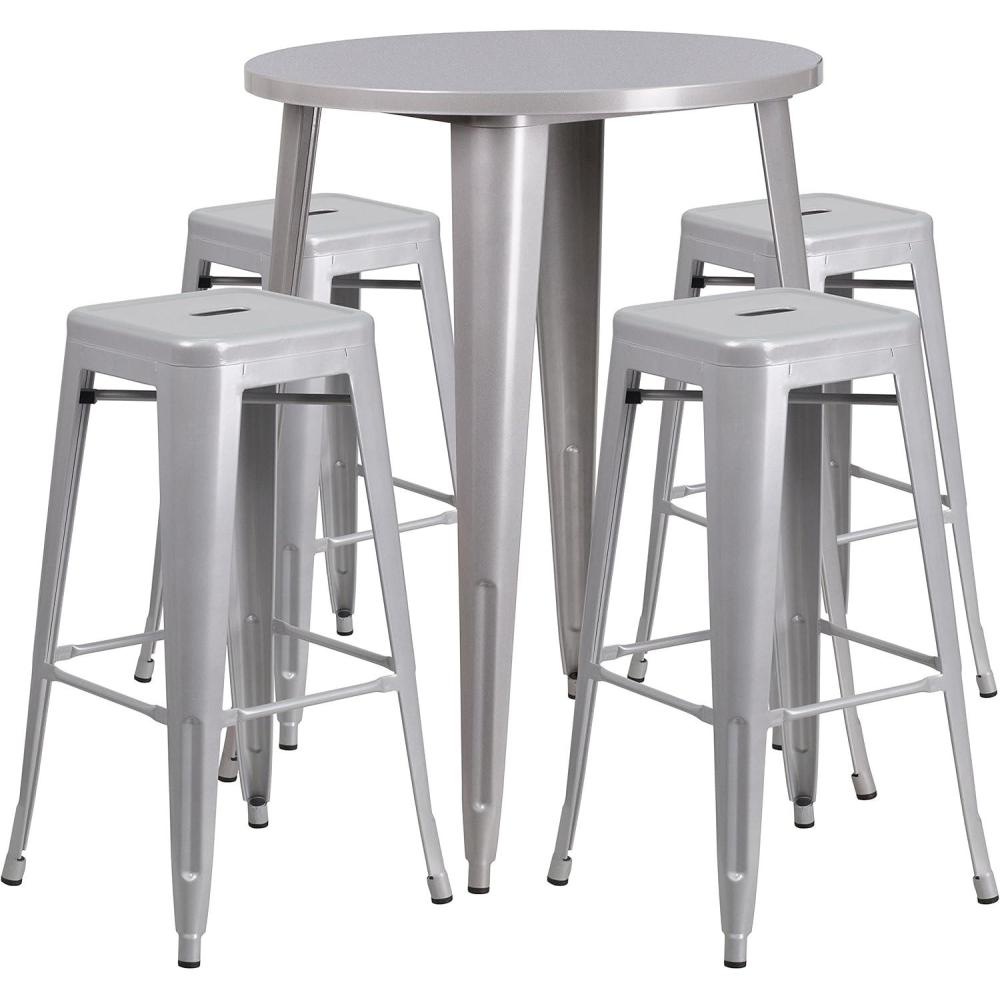image:imageFlash Furniture Commercial Grade 30 Round Black Metal IndoorOutdoor Bar Table Set with 4 Square Seat Backless StoolsSilver