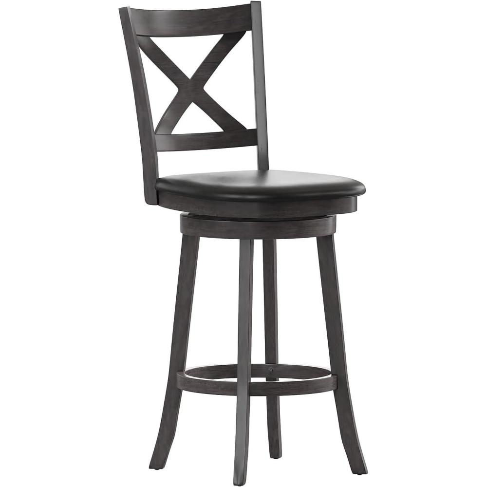 image:imageFlash Furniture Felicity Commercial Classic Crossback Barstool Gray Walnut Wash Wood Frame Black LeatherSoft Seat Bar Height 360 Swivel Seat FootrestBlack VinylGray Wash Walnut Frame