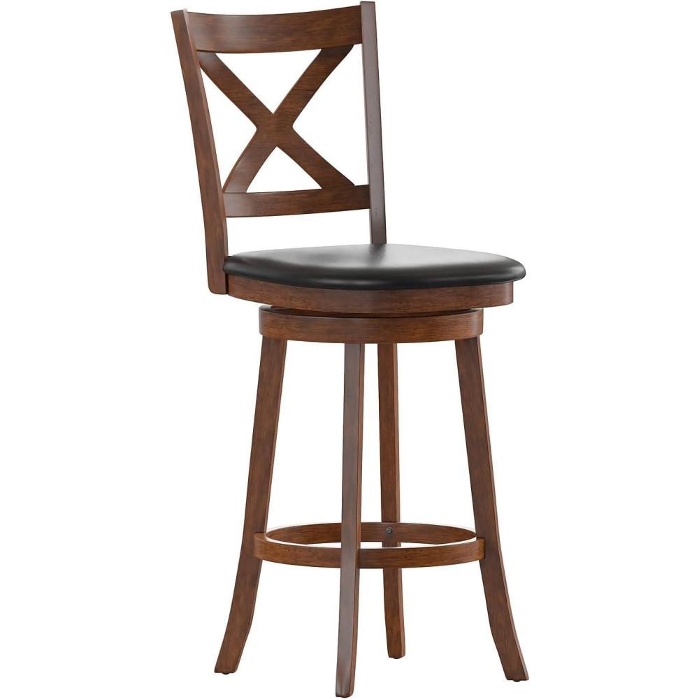 image:imageFlash Furniture Felicity Commercial Classic Crossback Barstool Gray Walnut Wash Wood Frame Black LeatherSoft Seat Bar Height 360 Swivel Seat FootrestBlack VinylAntique Oak Frame