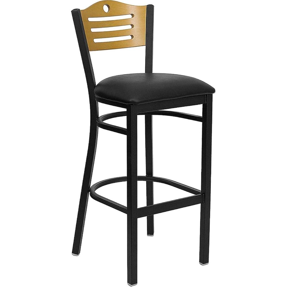 image:imageFlash Furniture HERCULES Series Black Slat Back Metal Restaurant Barstool Natural Wood Back Burgundy Vinyl SeatNatural Wood BackBlack Vinyl SeatBlack Metal Frame