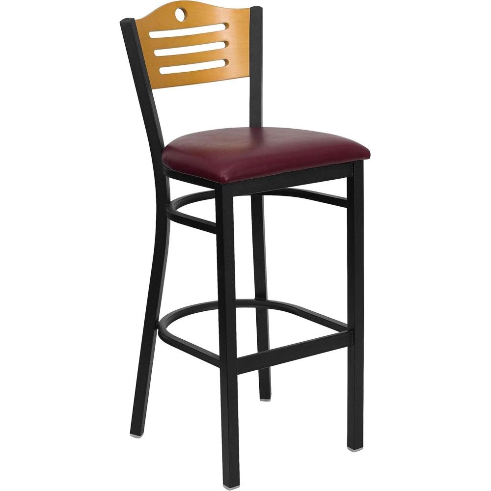 image:imageFlash Furniture HERCULES Series Black Slat Back Metal Restaurant Barstool  Natural Wood Back Burgundy Vinyl SeatNatural Wood BackBurgundy Vinyl SeatBlack Metal Frame