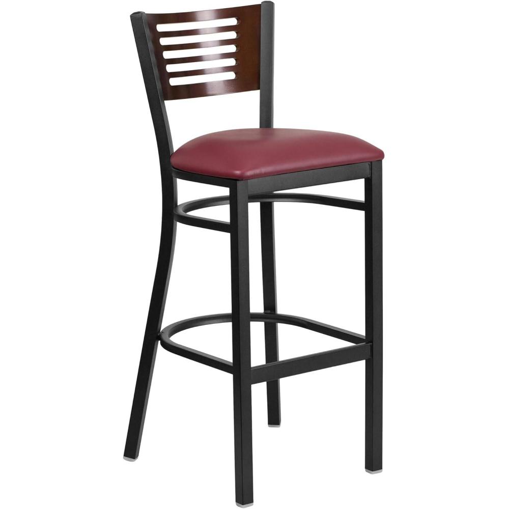 image:imageFlash Furniture HERCULES Series Black Slat Back Metal Restaurant Barstool Walnut Wood Back amp Seat Pack of 1Walnut Wood BackBurgundy Vinyl SeatBlack Metal Frame