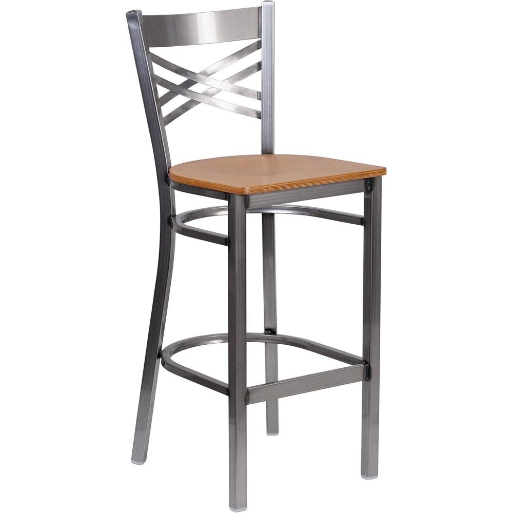 image:imageFlash Furniture HERCULES Series Clear Coated X Back Metal Restaurant Barstool Black Vinyl SeatNatural Wood SeatClear Coated Metal Frame