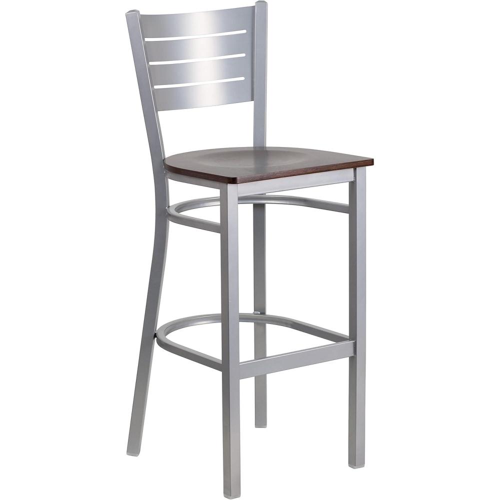 image:imageFlash Furniture HERCULES Series Silver Slat Back Metal Restaurant Barstool Black Vinyl SeatWalnut Wood SeatSilver Frame
