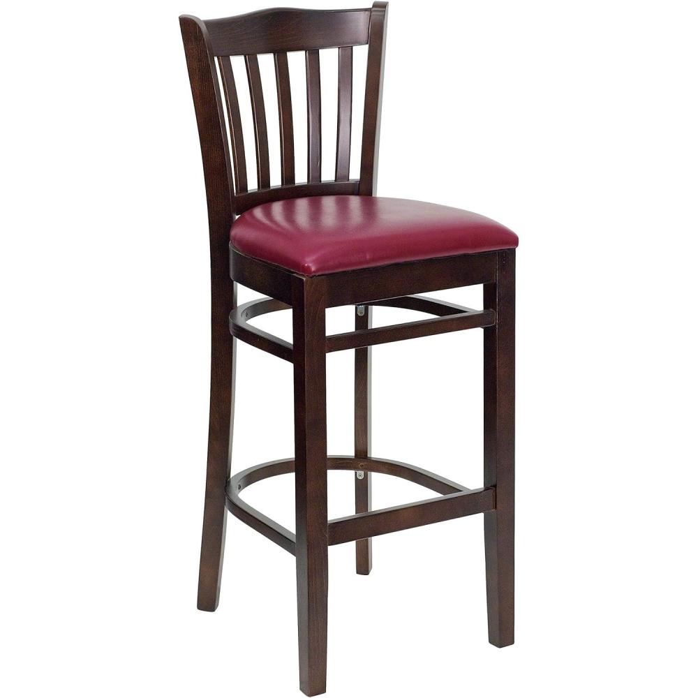 image:imageFlash Furniture HERCULES Series Vertical Slat Back Natural Wood Restaurant BarstoolBurgundy Vinyl SeatWalnut Wood Frame