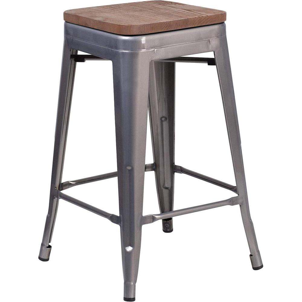 image:imageFlash Furniture Lincoln 24 High Backless Clear Coated Metal Counter Height Stool with Square Wood Seat1