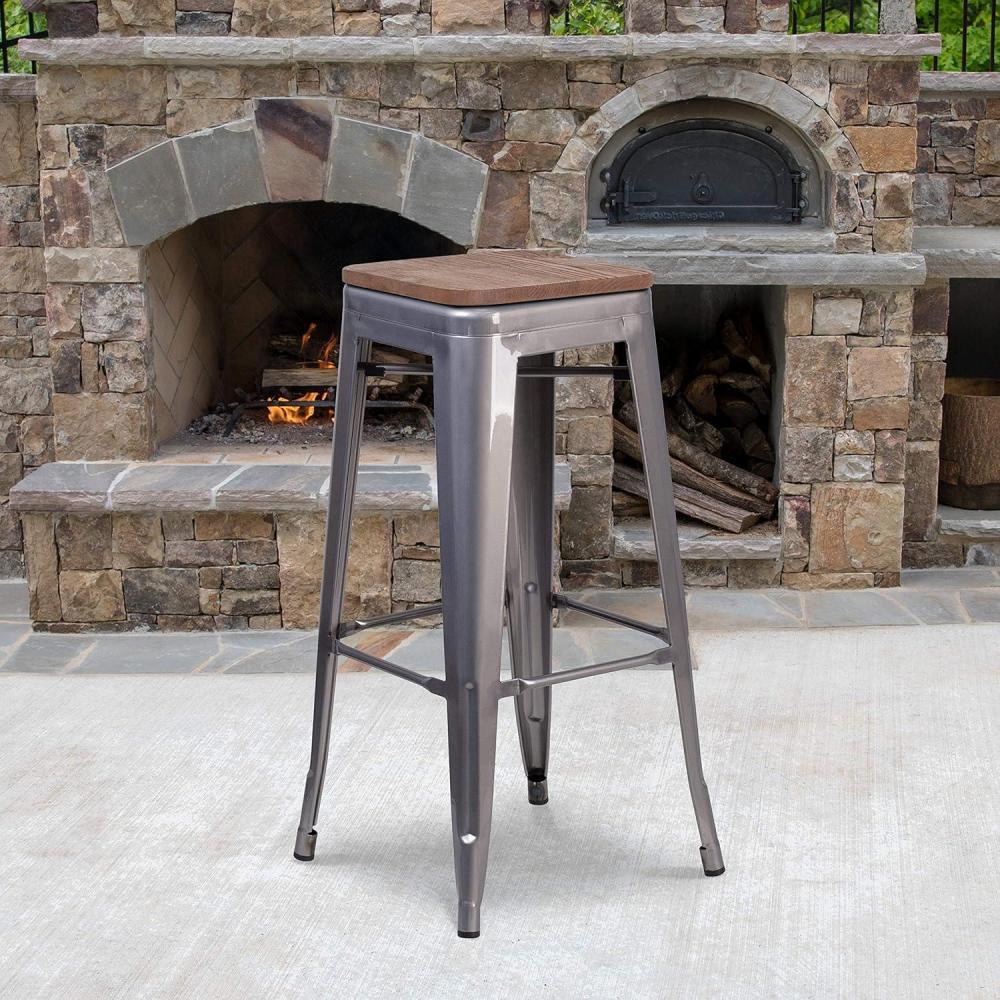 image:imageFlash Furniture Lincoln 30 High Backless Clear Coated Metal Barstool with Square Wood Seat4