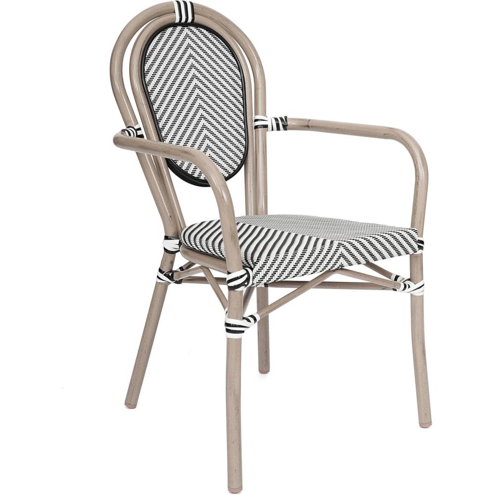 image:imageFlash Furniture Marseille IndoorOutdoor Commercial Bistro Stack Chair Curved Arms Black Textilene Back and Seat Natural Bamboo Print Metal FrameBlack WhiteLight Natural Frame