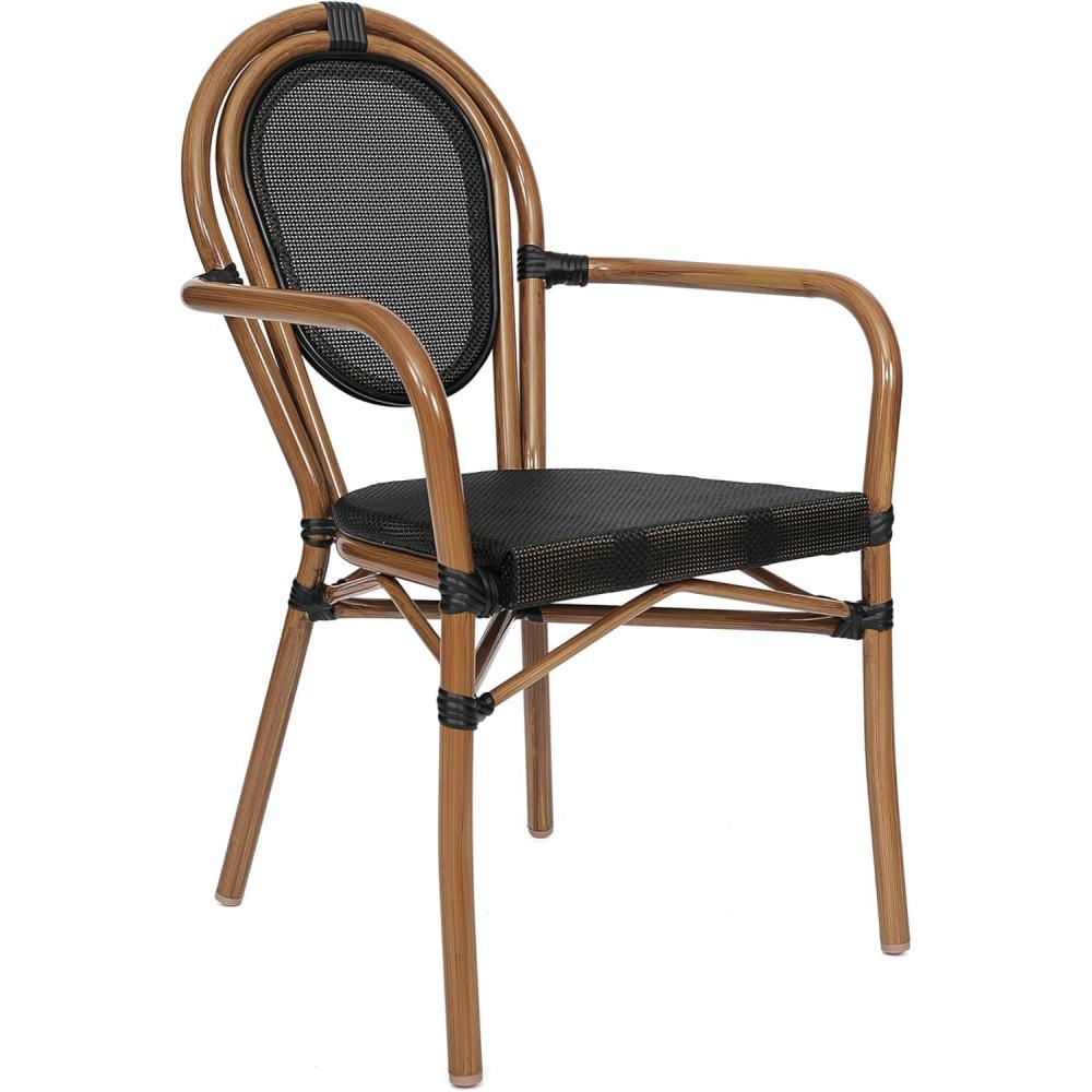 image:imageFlash Furniture Marseille IndoorOutdoor Commercial Bistro Stack Chair Curved Arms Black Textilene Back and Seat Natural Bamboo Print Metal FrameBlackNatural Frame
