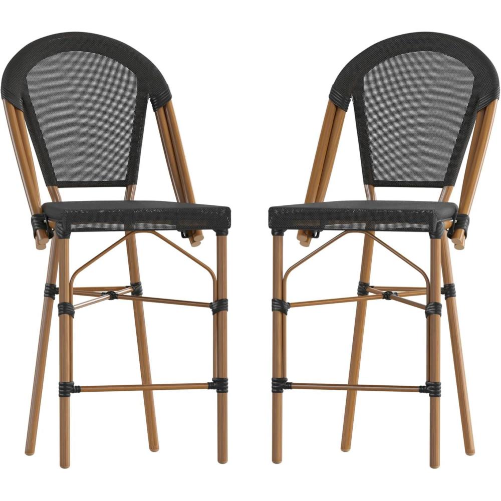 image:imageFlash Furniture Marseille IndoorOutdoor Commercial Bistro Stacking Counter Stool Black Textilene Back and Seat Natural Bamboo Print Metal Frame 2 PackBlackNatural Frame