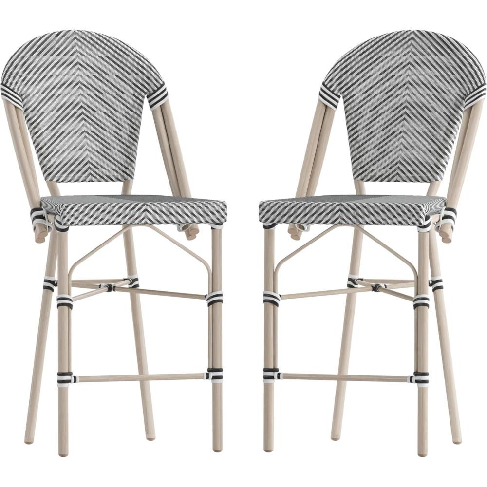 image:imageFlash Furniture Marseille IndoorOutdoor Commercial Bistro Stacking Counter Stool Black Textilene Back and Seat Natural Bamboo Print Metal Frame 2 PackBlack WhiteLight Natural Frame