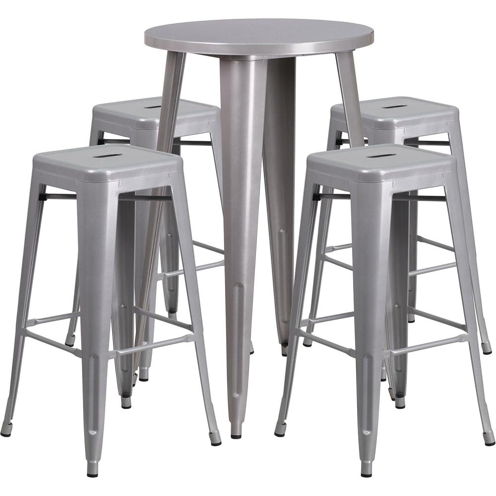 image:imageFlash Furniture Ormsby Commercial Grade 24 Round Silver Metal IndoorOutdoor Bar Table Set with 4 Square Seat Backless StoolsSilver
