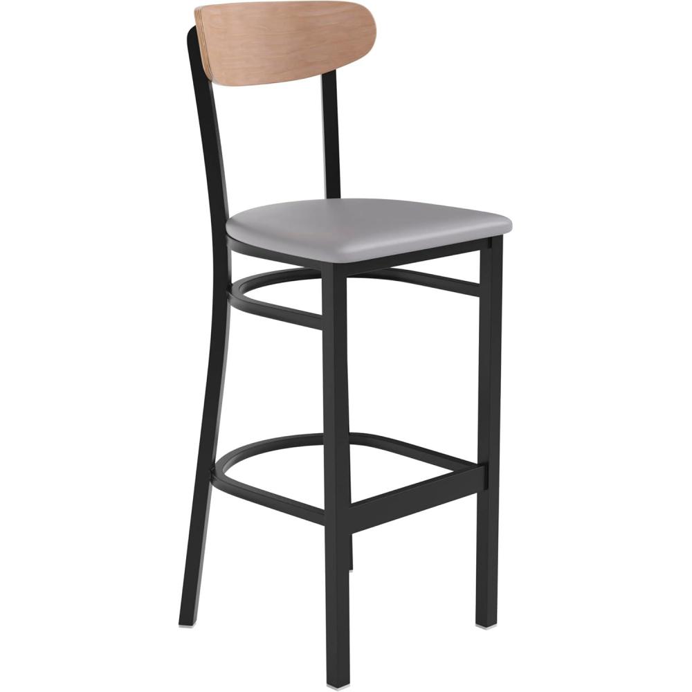 image:imageFlash Furniture Wright Set of 2 Commercial Barstools  Walnut Wood Boomerang Back  Black Vinyl Seat  500 LB Capacity Black Steel Frame  Integrated FootrestNatural Birch Wood BackGray Vinyl Seat