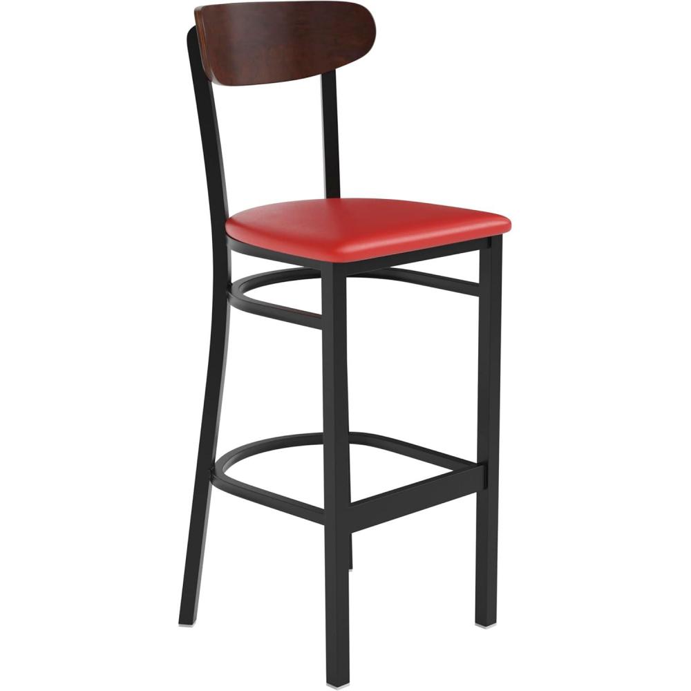 image:imageFlash Furniture Wright Set of 2 Commercial Barstools Walnut Wood Boomerang Back Black Vinyl Seat 500 LB Capacity Black Steel Frame Integrated FootrestWalnut Wood BackRed Vinyl Seat