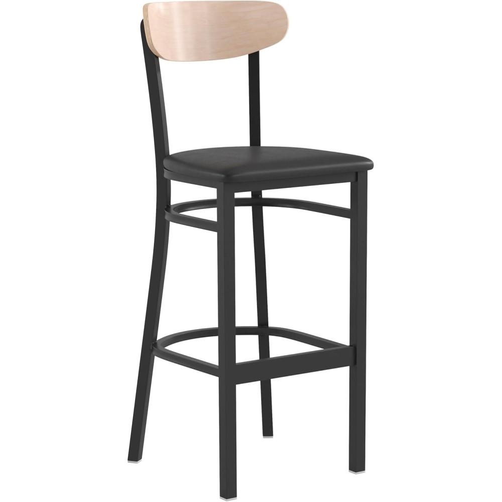 image:imageFlash Furniture Wright Set of 2 Commercial Barstools Walnut Wood Boomerang Back Black Vinyl Seat 500 LB Capacity Black Steel Frame Integrated FootrestNatural Birch Wood BackBlack Vinyl Seat