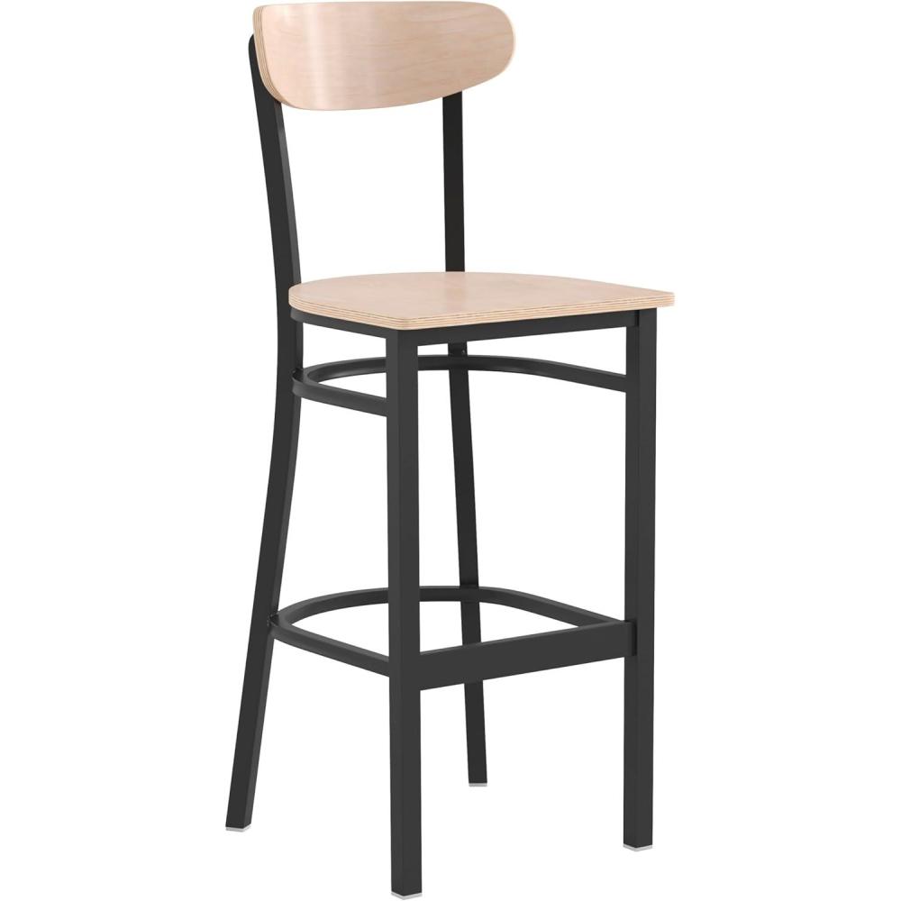 image:imageFlash Furniture Wright Set of 2 Commercial Barstools Walnut Wood Boomerang Back Black Vinyl Seat 500 LB Capacity Black Steel Frame Integrated FootrestNatural Birch