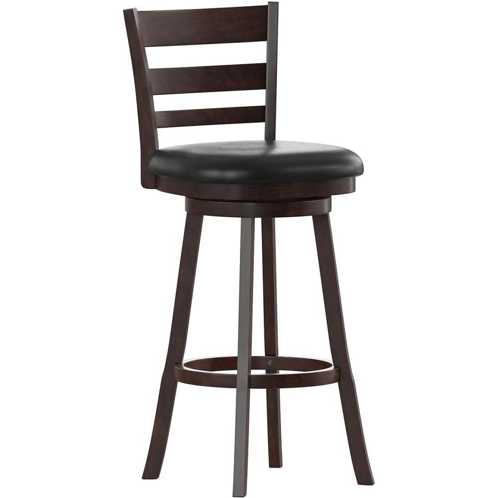 image:imageFlash Furniture Zerrick Commercial Classic Ladderback Barstool Antique Oak Wood Frame Black LeatherSoft Seat Bar Height 360 Swivel Seat FootrestBlack VinylEspresso Frame