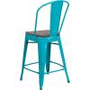 Flash Furniture Carly 24″ High Crystal Teal-Blue Metal Counter Height Stool with Back and Wood Seat(4)