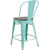 Flash Furniture Carly 24″ High Mint Green Metal Counter Height Stool with Back and Wood Seat(1)