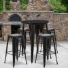 Flash Furniture Commercial Grade 30″ Round Black Metal Indoor-Outdoor Bar Table Set with 4 Square Seat Backless Stools(Black)