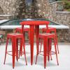 Flash Furniture Commercial Grade 30″ Round Black Metal Indoor-Outdoor Bar Table Set with 4 Square Seat Backless Stools(Red)