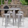 Flash Furniture Commercial Grade 30″ Round Black Metal Indoor-Outdoor Bar Table Set with 4 Square Seat Backless Stools(Silver)