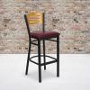 Flash Furniture HERCULES Series Black Slat Back Metal Restaurant Barstool – Natural Wood Back, Burgundy Vinyl Seat(Natural Wood Back/Burgundy Vinyl Seat/Black Metal Frame)