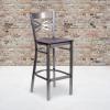 Flash Furniture HERCULES Series Clear Coated ”X” Back Metal Restaurant Barstool – Black Vinyl Seat(Mahogany Wood Seat/Clear Coated Metal Frame)