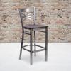 Flash Furniture HERCULES Series Clear Coated ”X” Back Metal Restaurant Barstool – Black Vinyl Seat(Walnut Wood Seat/Clear Coated Metal Frame)