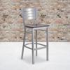 Flash Furniture HERCULES Series Silver Slat Back Metal Restaurant Barstool – Black Vinyl Seat(Mahogany Wood Seat/Silver Frame)