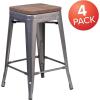 Flash Furniture Lincoln 24″ High Backless Clear Coated Metal Counter Height Stool with Square Wood Seat(4)