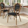 Flash Furniture Marseille Indoor/Outdoor Commercial Bistro Stack Chair – Curved Arms – Black Textilene Back and Seat – Natural Bamboo Print Metal Frame(Black/Natural Frame)