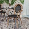 Flash Furniture Marseille Indoor/Outdoor Commercial Bistro Stack Chair – Curved Arms – Black Textilene Back and Seat – Natural Bamboo Print Metal Frame(Black/Natural Frame)