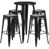 Flash Furniture Ormsby Commercial Grade 24″ Round Silver Metal Indoor-Outdoor Bar Table Set with 4 Square Seat Backless Stools(Black)