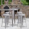Flash Furniture Ormsby Commercial Grade 24″ Round Silver Metal Indoor-Outdoor Bar Table Set with 4 Square Seat Backless Stools(Silver)