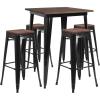 Flash Furniture 31.5″ Square Metal Bar Table Set with Wood Top and 4 Backless Stools, Black