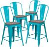 Flash Furniture Carly 24″ High Crystal Teal-Blue Metal Counter Height Stool with Back and Wood Seat(4)