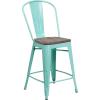 Flash Furniture Carly 24″ High Mint Green Metal Counter Height Stool with Back and Wood Seat(1)