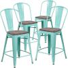 Flash Furniture Carly 24″ High Mint Green Metal Counter Height Stool with Back and Wood Seat(4)