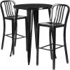 Flash Furniture Commercial Grade 30″ Round Black Metal Indoor-Outdoor Bar Table Set with 2 Vertical Slat Back Stools(Black)