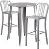 Flash Furniture Commercial Grade 30″ Round Black Metal Indoor-Outdoor Bar Table Set with 2 Vertical Slat Back Stools(Silver)
